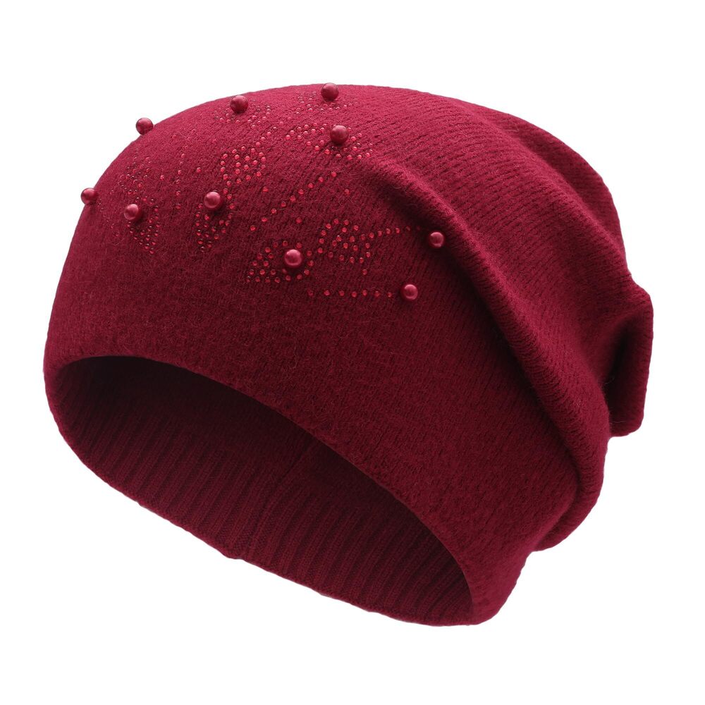 4236 Knit Slouchy Beanie Hats Soft Winter Stretch Skull Cap, Beads Burgundy